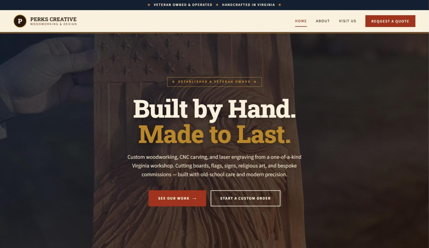 Homepage of the Perks Creatives Woodworking website